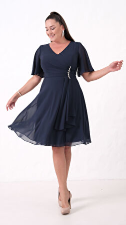 Kadın Lacivert V Yaka Taşlı Büyük Beden Şifon Abiye Elbise