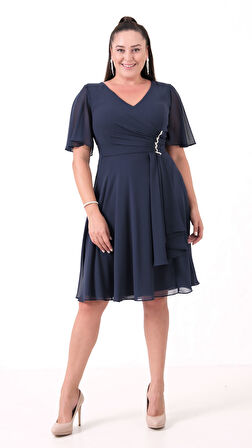 Kadın Lacivert V Yaka Taşlı Büyük Beden Şifon Abiye Elbise