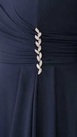 Kadın Lacivert V Yaka Taşlı Büyük Beden Şifon Abiye Elbise