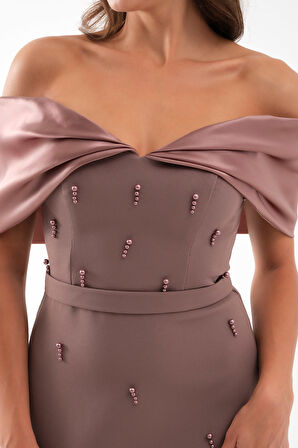 Kadın Kahverengi Kayık Yaka İncili Söz Nişan Nikah Abiye Elbise