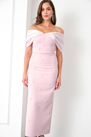 Kadın Pudra Kayık Yaka İncili Söz Nişan Nikah Abiye Elbise