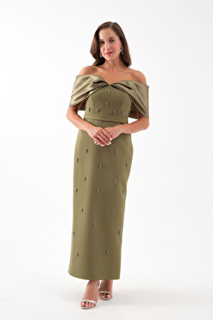 Kadın Haki Kayık Yaka İncili Söz Nişan Nikah Abiye Elbise