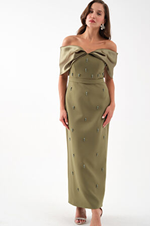 Kadın Haki Kayık Yaka İncili Söz Nişan Nikah Abiye Elbise