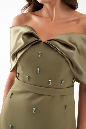 Kadın Haki Kayık Yaka İncili Söz Nişan Nikah Abiye Elbise