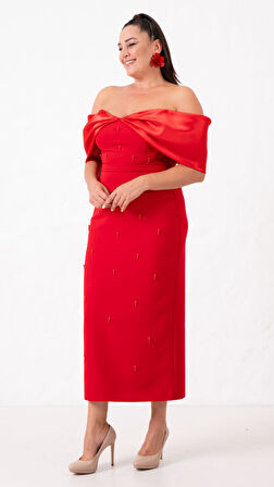 Kadın Kırmızı Kayık Yaka İncili Söz Nişan Nikah Abiye Elbise