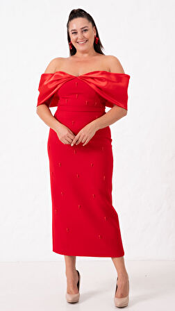 Kadın Kırmızı Kayık Yaka İncili Söz Nişan Nikah Abiye Elbise