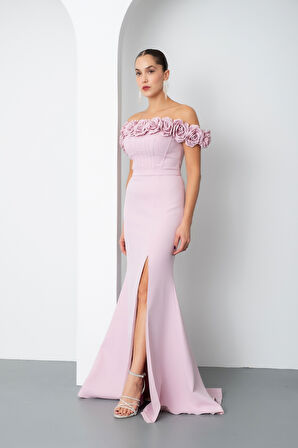 Kadın Pudra Çiçek Detay Yırtmaçlı Uzun Abiye Elbise