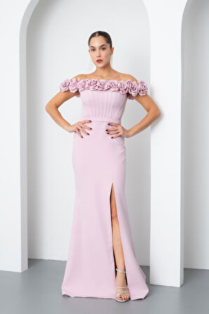 Kadın Pudra Çiçek Detay Yırtmaçlı Uzun Abiye Elbise