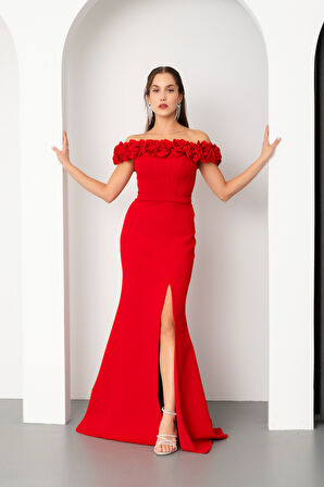Kadın Kırmızı Çiçek Detay Yırtmaçlı Uzun Abiye Elbise