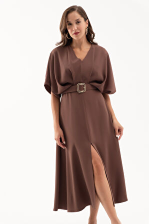 Kadın Kahverengi V Yaka Kemerli Midi Davet Elbisesi