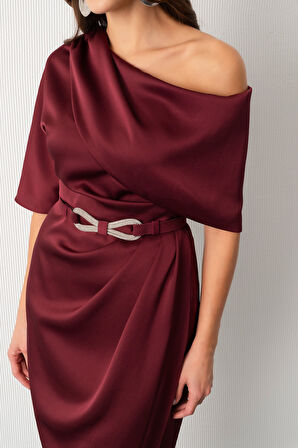 Kadın Bordo Tek Kol Kemerli Midi Elbise