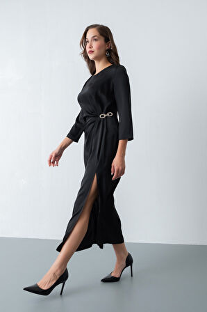 Kadın Siyah Aksesuar Detay Saten Davet Elbisesi