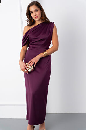 Kadın Mürdüm Degaje Yaka Yırtmaçlı Saten Midi Elbise