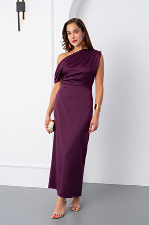 Kadın Mürdüm Degaje Yaka Yırtmaçlı Saten Midi Elbise