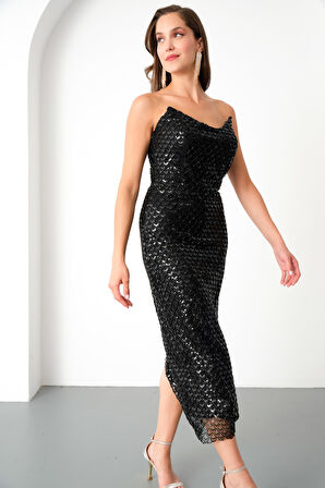 Kadın Siyah Straplez Payetli Kalem Abiye Elbise