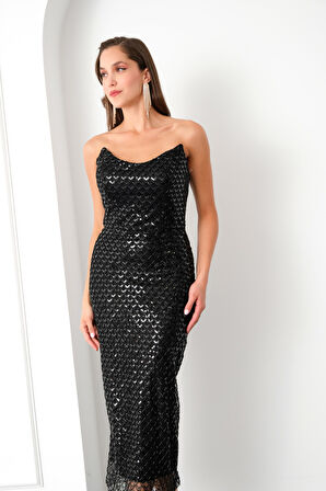 Kadın Siyah Straplez Payetli Kalem Abiye Elbise