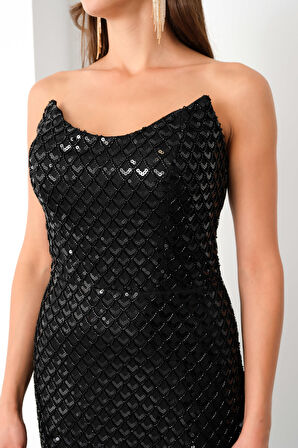 Kadın Siyah Straplez Payetli Kalem Abiye Elbise