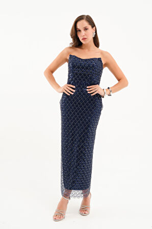 Kadın Lacivert Straplez Payetli Kalem Abiye Elbise