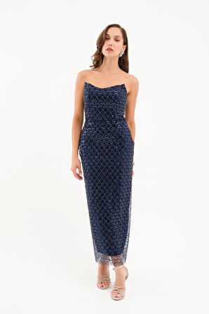 Kadın Lacivert Straplez Payetli Kalem Abiye Elbise