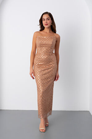 Kadın Gold Straplez Payetli Kalem Abiye Elbise