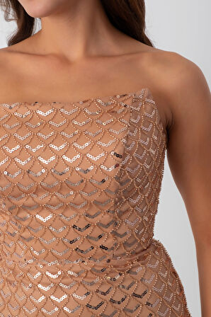 Kadın Gold Straplez Payetli Kalem Abiye Elbise