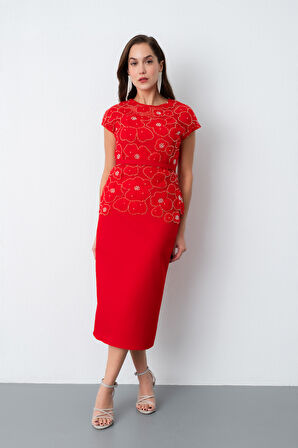 Kadın Kırmızı Dantelli Midi Abiye Elbise