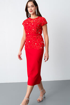 Kadın Kırmızı Dantelli Midi Abiye Elbise