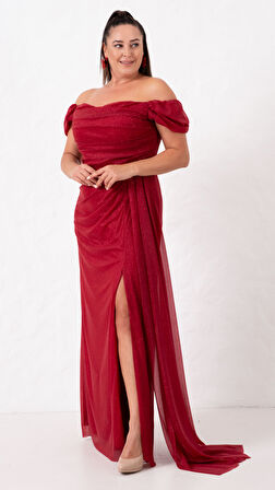 Kadın Bordo Kayık Yaka Drapeli Yırtmaçlı Uzun Simli Abiye Elbise