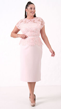 Kadın Pudra Dantelli Midi Abiye Elbise