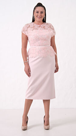 Kadın Pudra Dantelli Midi Abiye Elbise