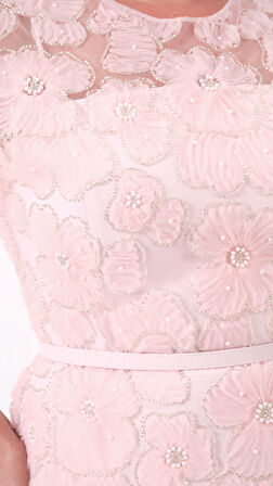 Kadın Pudra Dantelli Midi Abiye Elbise