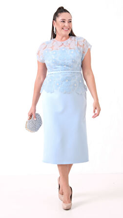 Kadın Bebe Mavi Dantelli Midi Abiye Elbise