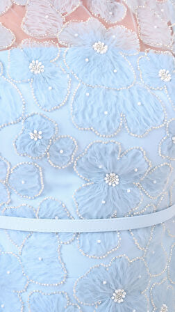 Kadın Bebe Mavi Dantelli Midi Abiye Elbise