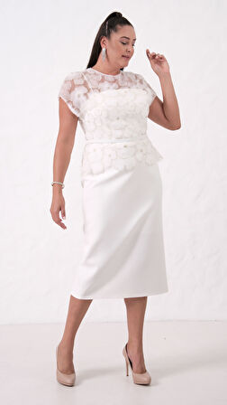 Kadın Beyaz Dantelli Midi Abiye Elbise