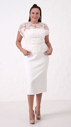 Kadın Beyaz Dantelli Midi Abiye Elbise