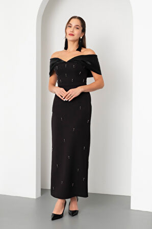 Kadın Siyah Kayık Yaka İncili Söz Nişan Nikah Abiye Elbise