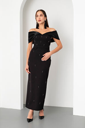 Kadın Siyah Kayık Yaka İncili Söz Nişan Nikah Abiye Elbise