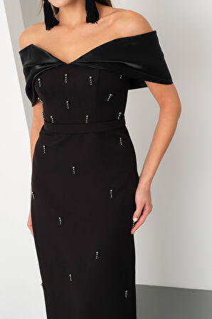 Kadın Siyah Kayık Yaka İncili Söz Nişan Nikah Abiye Elbise