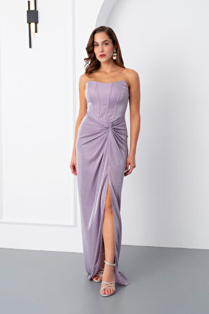 Kadın Pudra Straplez Simli Örme Abiye Elbise