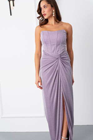 Kadın Pudra Straplez Simli Örme Abiye Elbise