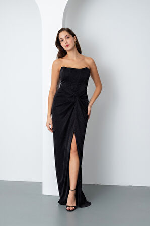 Kadın Siyah Straplez Simli Örme Abiye Elbise