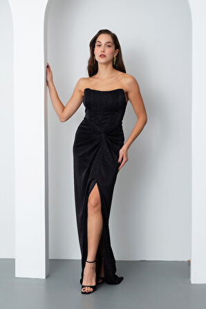 Kadın Siyah Straplez Simli Örme Abiye Elbise