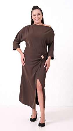 Kadın Kahverengi Aksesuar Detay Midi Davet Elbise