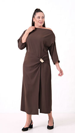 Kadın Kahverengi Aksesuar Detay Midi Davet Elbise
