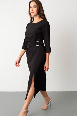 Kadın Siyah Bisiklet Yaka Aksesuar Detay Midi Davet Elbisesi