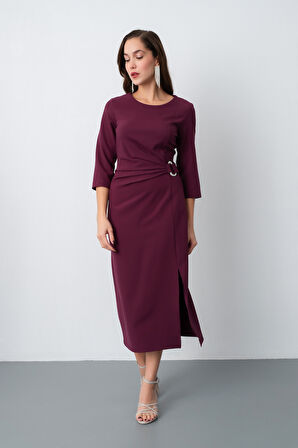 Kadın Mürdüm Bisiklet Yaka Aksesuar Detay Midi Davet Elbisesi