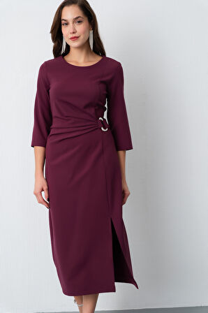 Kadın Mürdüm Bisiklet Yaka Aksesuar Detay Midi Davet Elbisesi