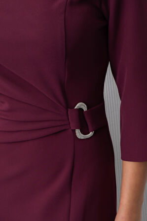 Kadın Mürdüm Bisiklet Yaka Aksesuar Detay Midi Davet Elbisesi