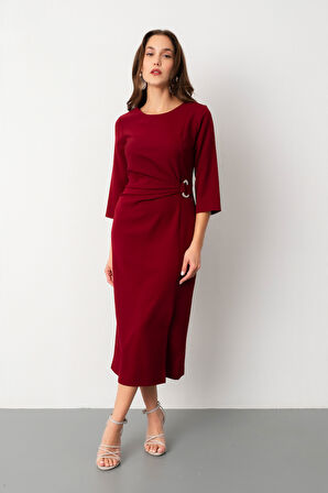 Kadın Bordo Bisiklet Yaka Aksesuar Detay Midi Davet Elbisesi