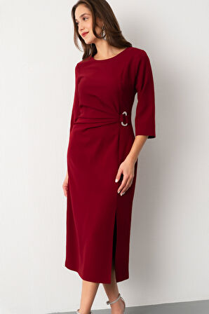 Kadın Bordo Bisiklet Yaka Aksesuar Detay Midi Davet Elbisesi